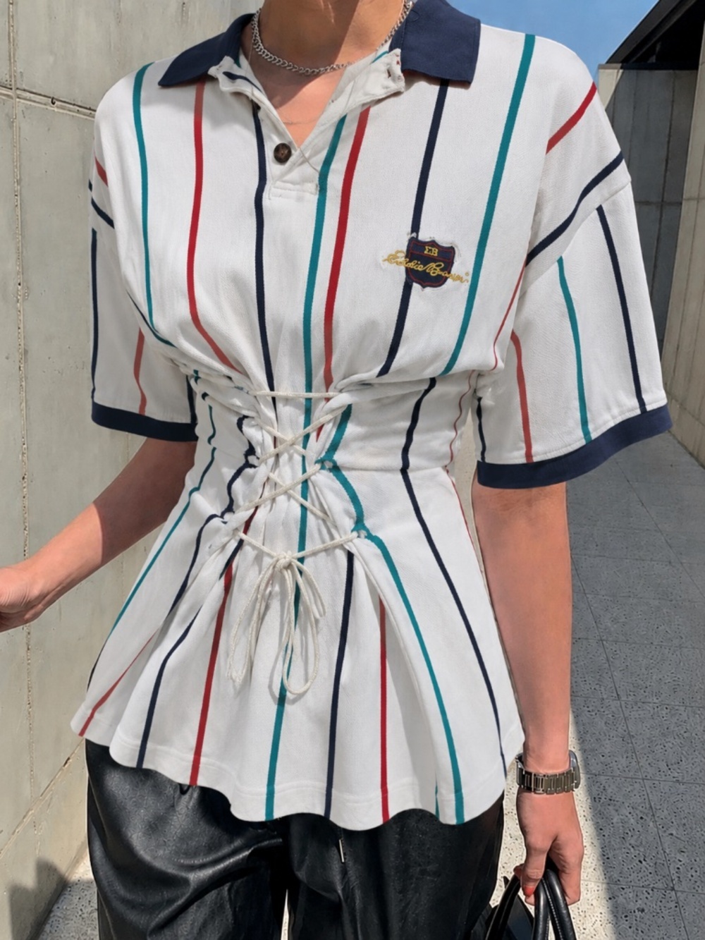 Reworked Eddie Bauer Polo T-Shirt Size XL White Striped Preppy Corset Lace Up
